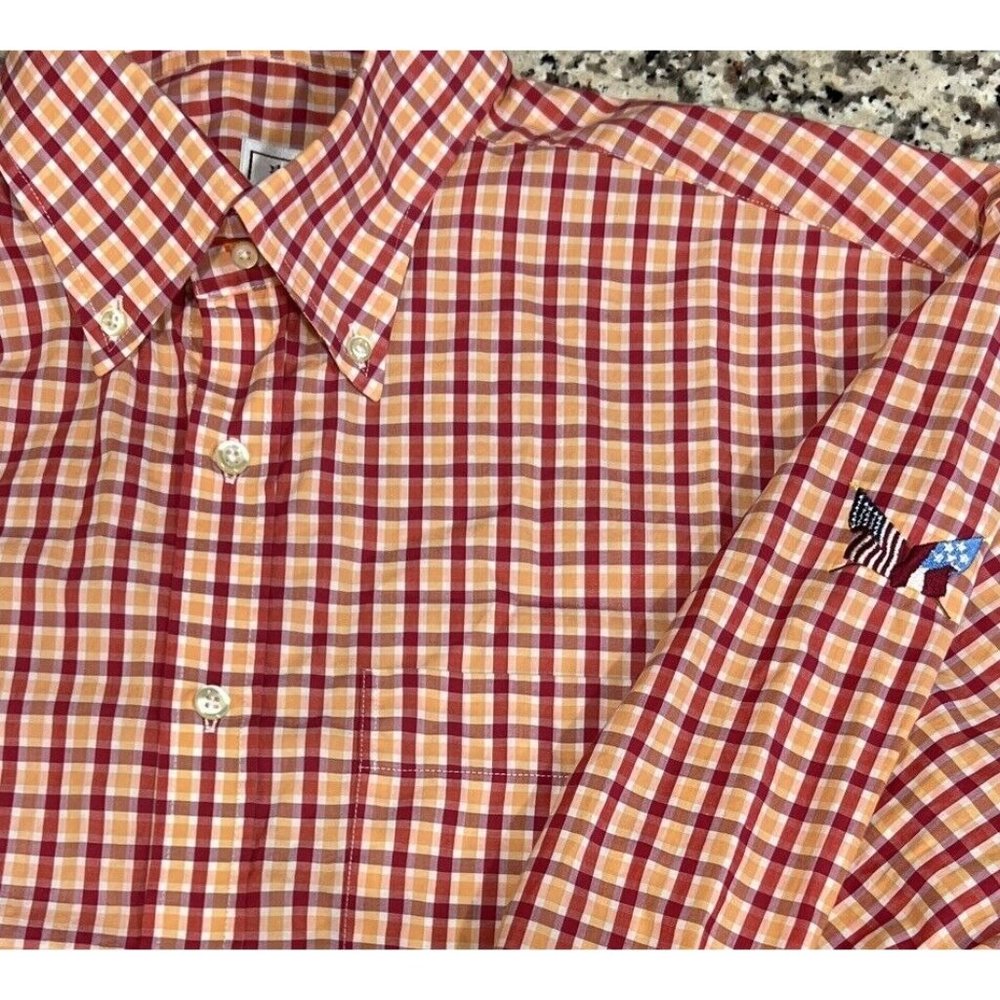 Peter Millar Men’s‎ 100% Cotton Checks Button Long Sleeve Shirt Flags Logo Large